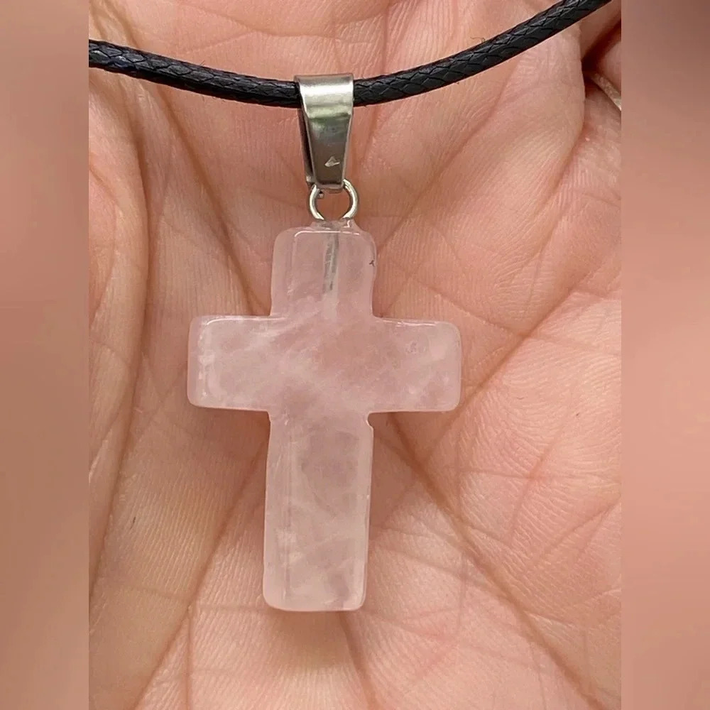 Rose Quartz Cross Natural Braided Stainless Steel Necklace NWT